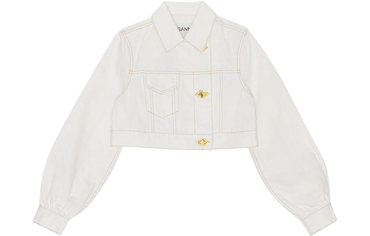 

GANNI Джинсовая куртка укороченная с асимметричной застежкой на пуговицах, белая, Белый, GANNI Джинсовая куртка укороченная с асимметричной застежкой на пуговицах, белая