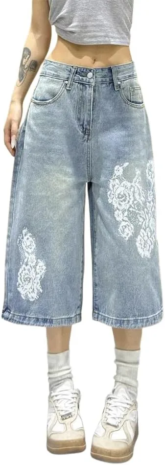 

XYGJZ женские джинсы кэпри с широкими штанинами, высокая талия, цветочный принт