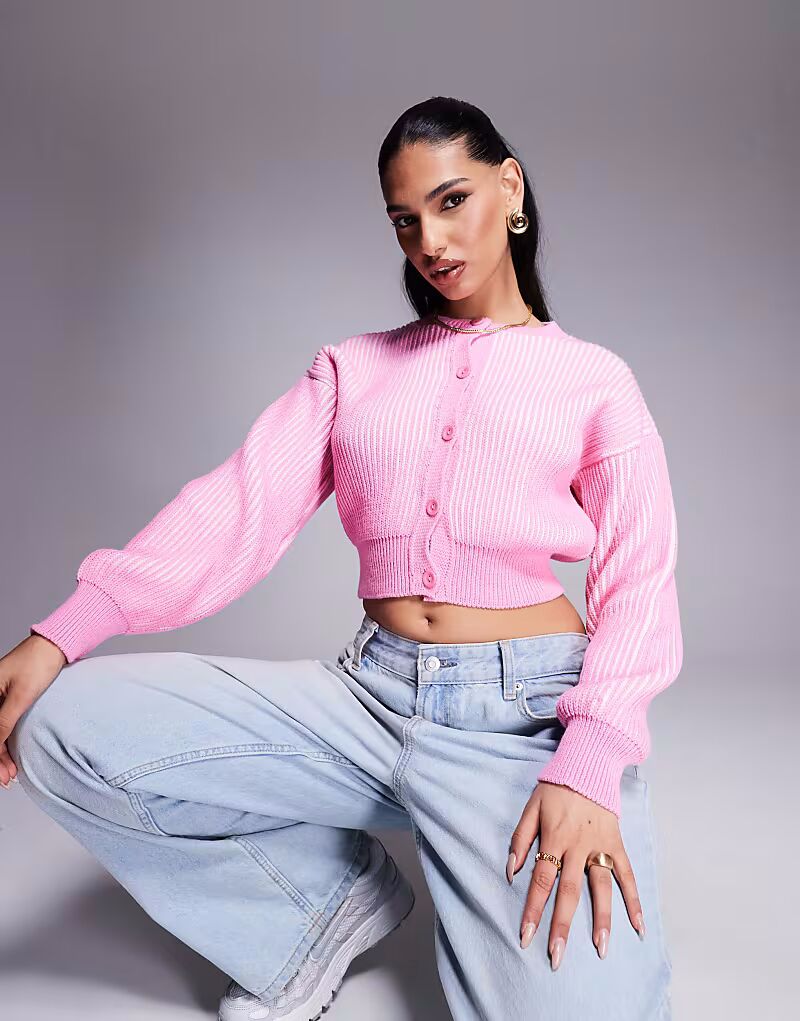 

Вязаный кардиган с покрытием ASOS DESIGN с отделкой резинкой по низу розового цвета