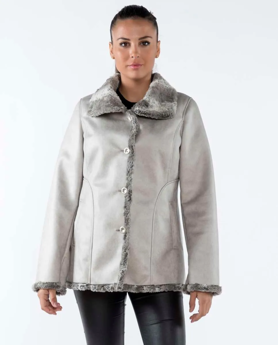 

Женское двустороннее пальто с мехом и застежкой на пуговицы Fsh, светло-серый