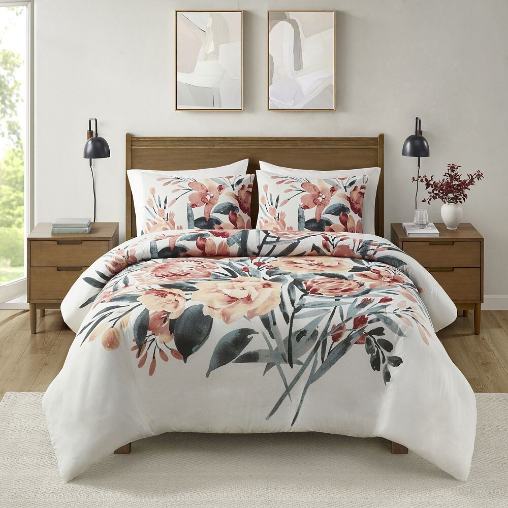 

Madison Park Junia, комплект из 3 хлопковых пододеяльников с цветочным принтом, цвет Peach Off White