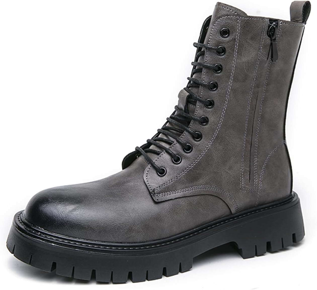 

Мужские ботинки на шнуровке из натуральной кожи с высокой платформой, круглый носок, боковая молния, толстая подошва с протектором, противоскользящие, удобные, для повседневной носки, бизнеса, улицы и официального офиса Tixewsjh, серый