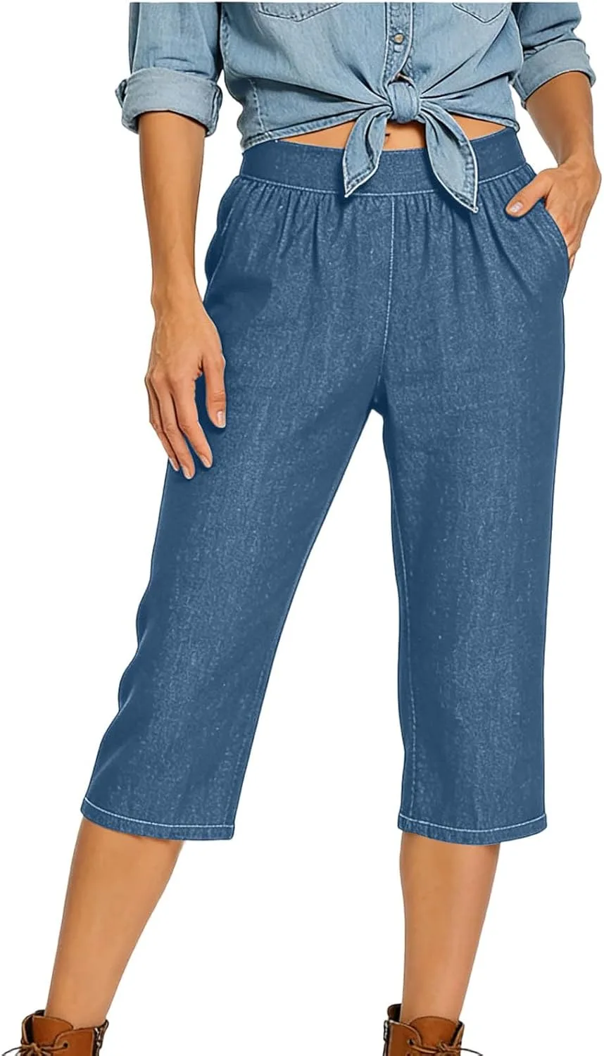 

LRMQS Capri Jeans для женщин, Stretch, Elastic Waist, Wide Leg, Plus Size