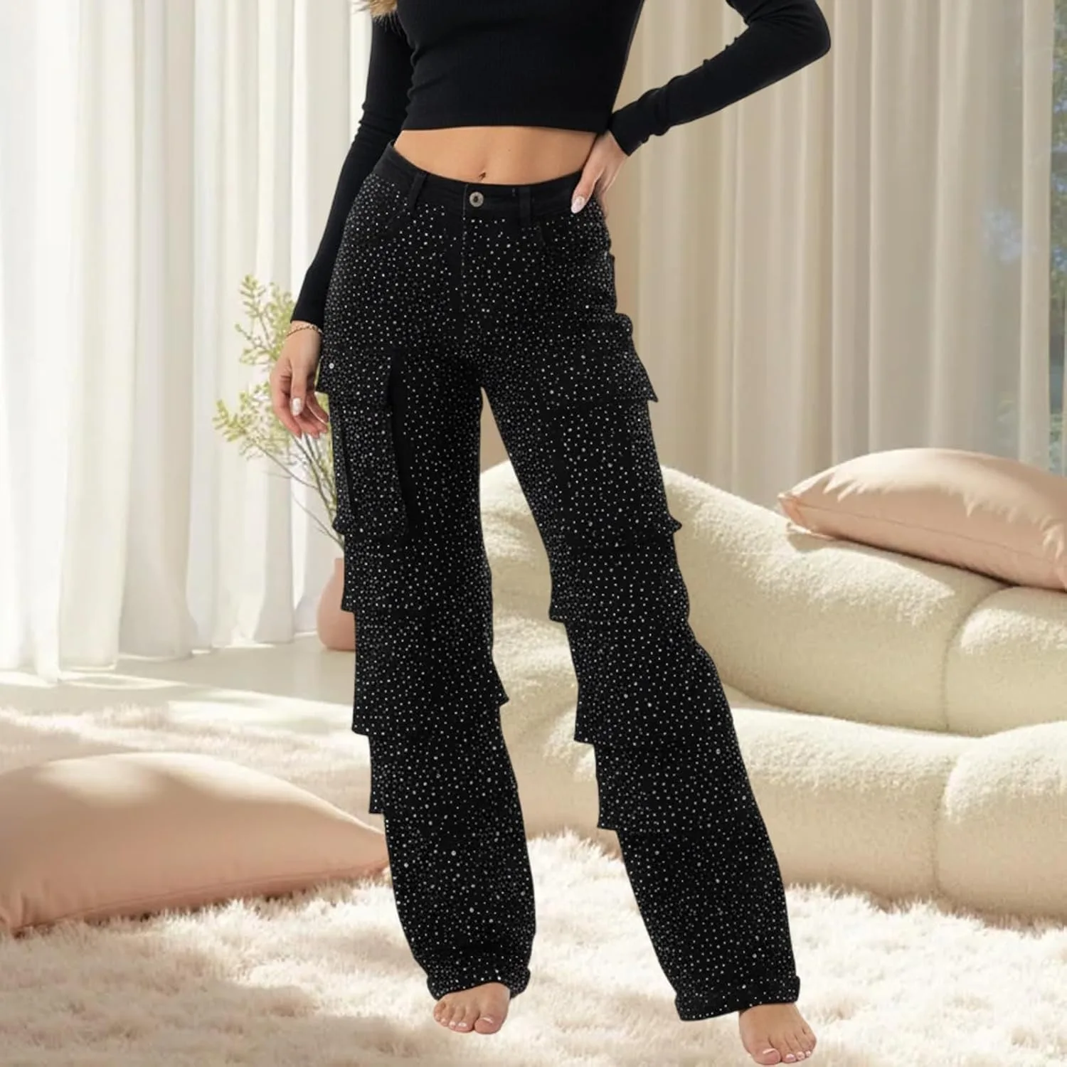 Женские джинсы Mid Rise Wide Leg с пайетками - модные широкие брюки-багги для повседневной носки Generic, черный — фото 3
