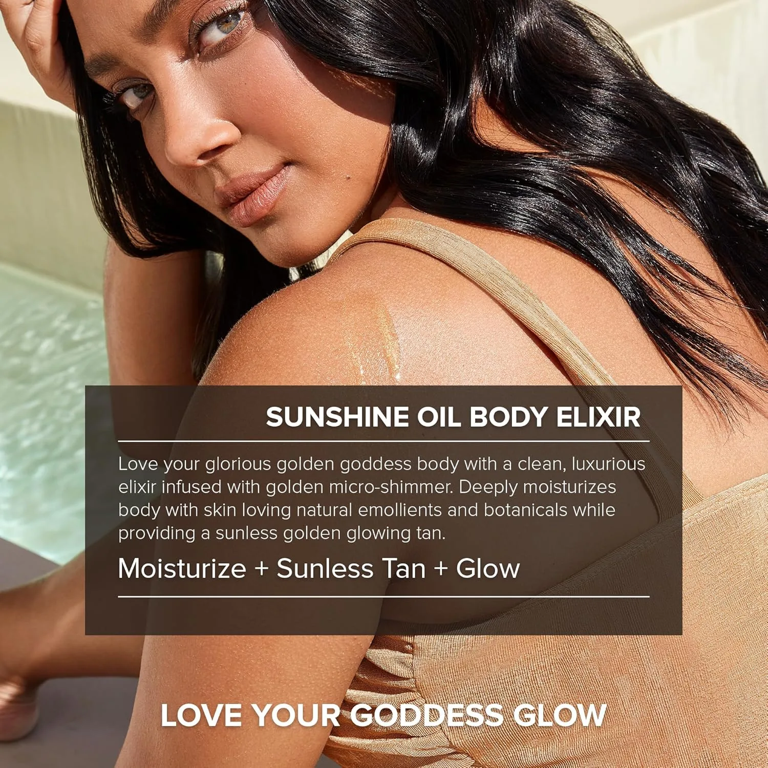 Nudestix Sunshine Oil Body Elixir - увлажняющее масло для тела с эффектом автозагара и золотистым шиммером, без DHA, с кокосом, арганой, авокадо и скваланом, веганское 100 мл (1 шт.) — фото 4