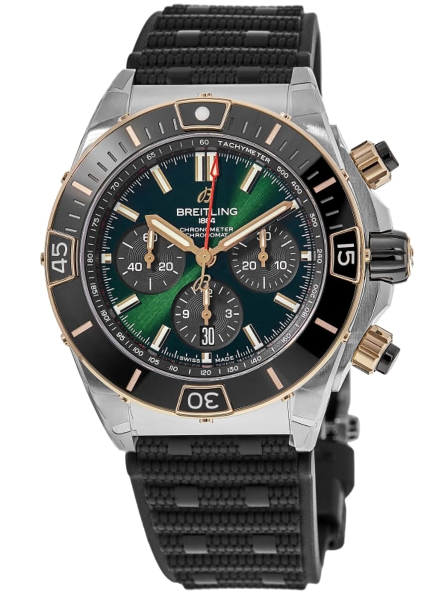 

Мужские часы Breitling Super Chronomat B01 44 из розового золота и стали с зеленым циферблатом и резиновым ремешком UB0136251L1S1