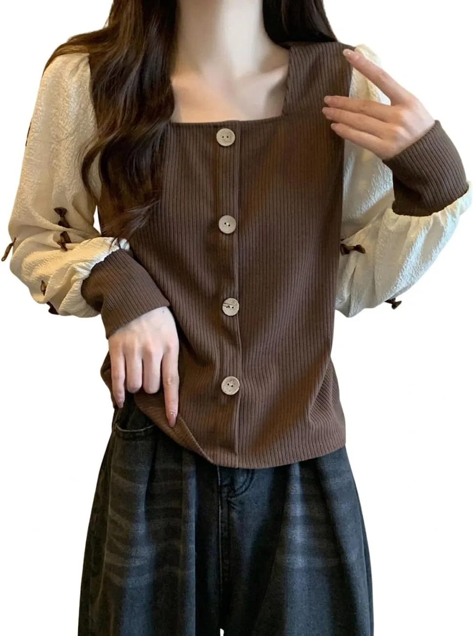 Блуза с квадратным вырезом, многослойная, Layered Top, кофейный