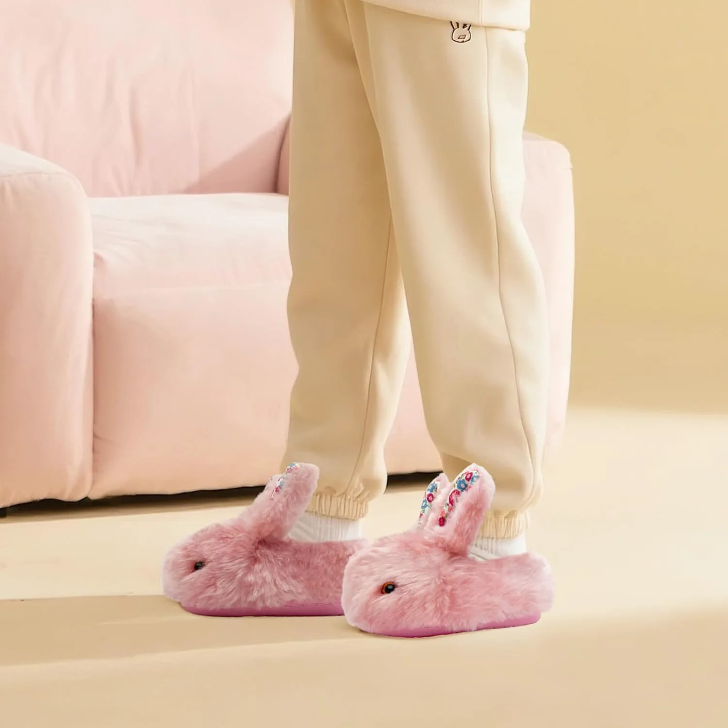 

Тапочки для малышей rosychlo, мальчиков и девочек, плюшевые тапочки с кроликом, милые, нескользящие, теплые зимние туфли, подходят для дома и улицы Rosyclo, розовый