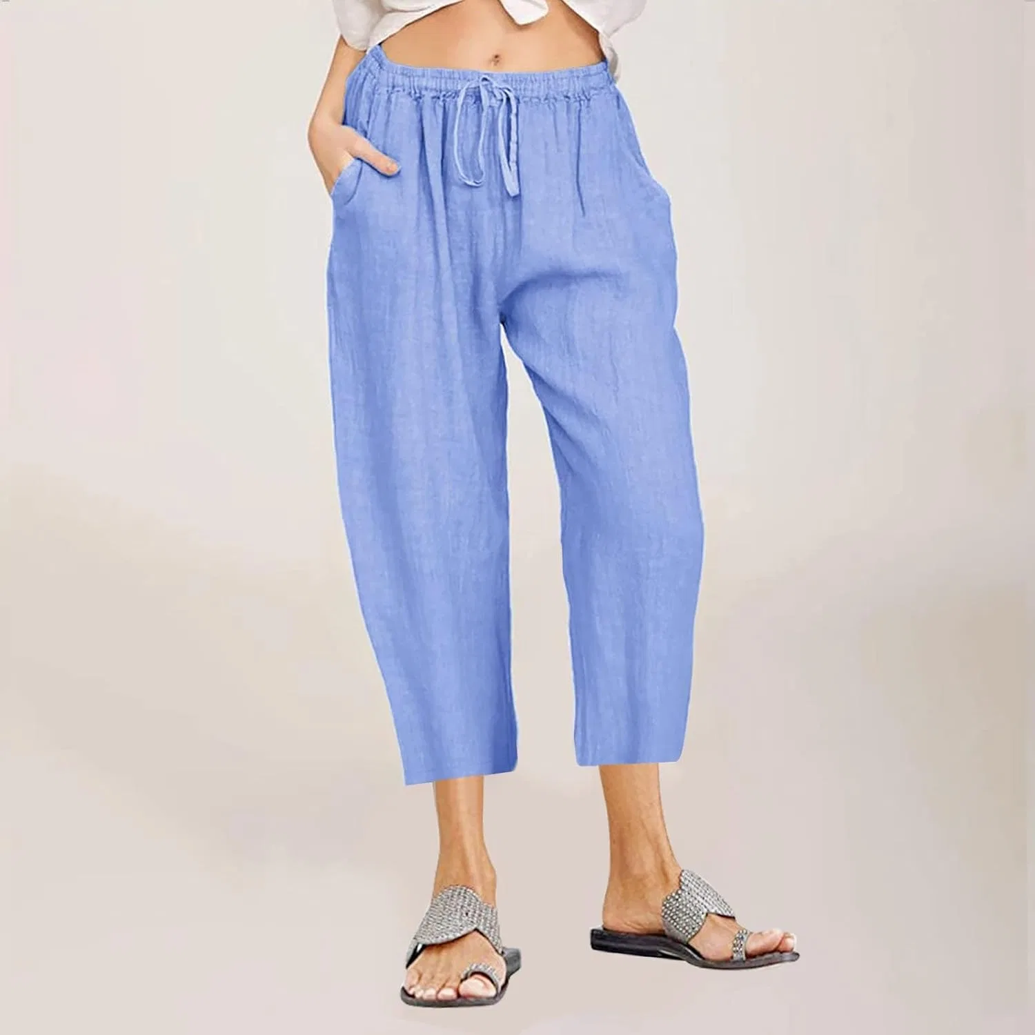Капри женские с завязкой на талии, легкие дышащие, с карманами, Light Blue — фото 2