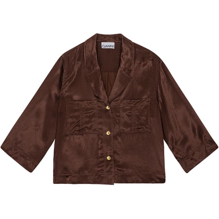 

Стираная сатиновая укороченная рубашка GANNI, Umber
