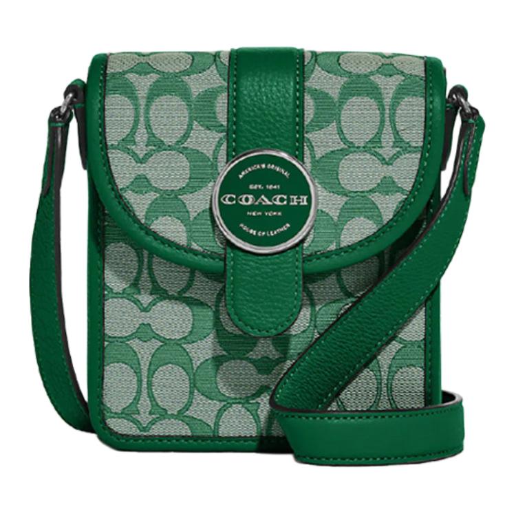 

COACH Женская мини-сумка через плечо из жаккардовой ткани с кожаным чехлом для телефона зелёная