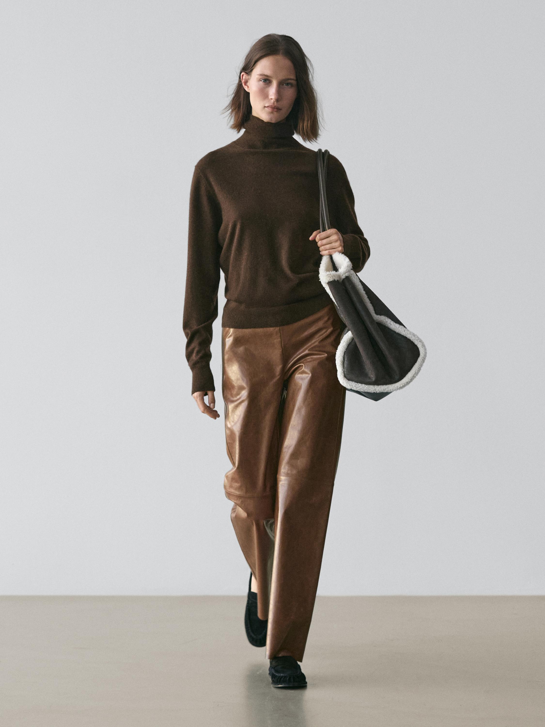 

Брюки из глянцевой кожи наппа Massimo Dutti, camel