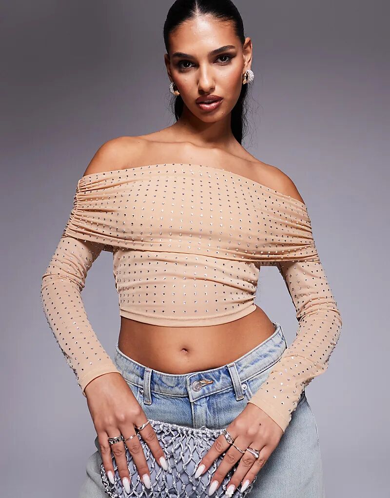 

Топ с открытыми плечами и длинными рукавами цвета «камень» ASOS DESIGN