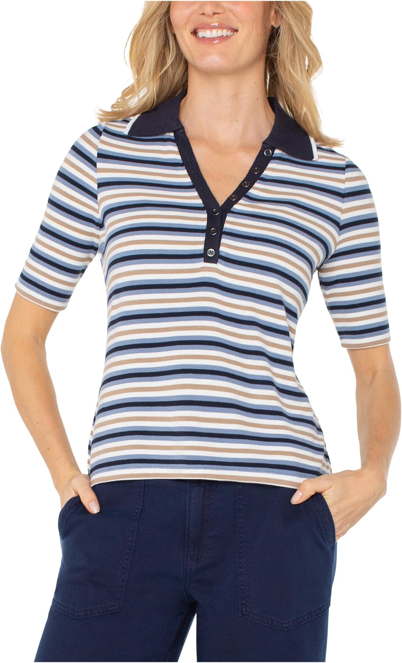 

Топ Liverpool Los Angeles Shirred 1/2 Sleeve Collared Henley Knit Top, Blue Multi Stripe