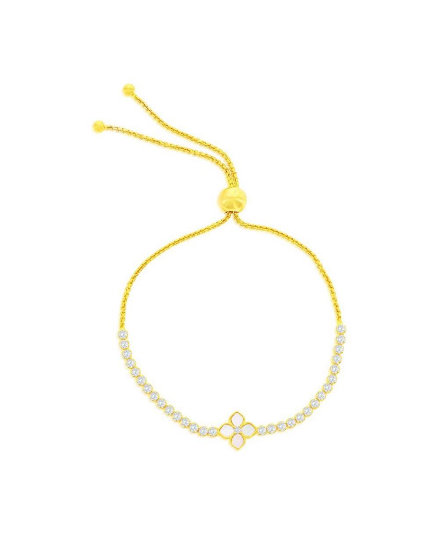 

Браслет-боло из стерлингового серебра с цветочным узором из перламутра в центре и фианитами, регулируемый Caribbean Treasures, Gold