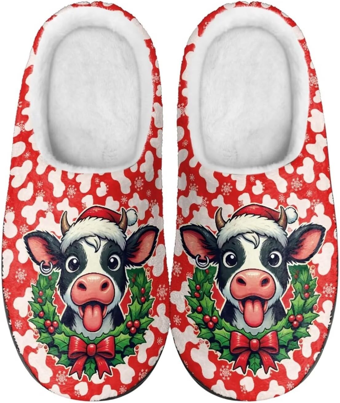 

Домашние тапочки Binienty для женщин и мужчин, пушистые, для дома и улицы, удобные, с противоскользящей подошвой, Cartoon Cow Christmas