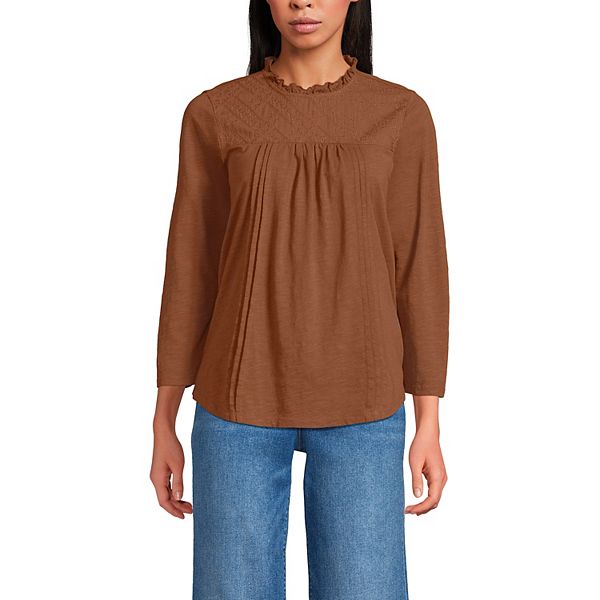 

Женский топ с 3/4 рукавом из хлопка с кружевной отделкой Lands' End, Rich Ginger Brown