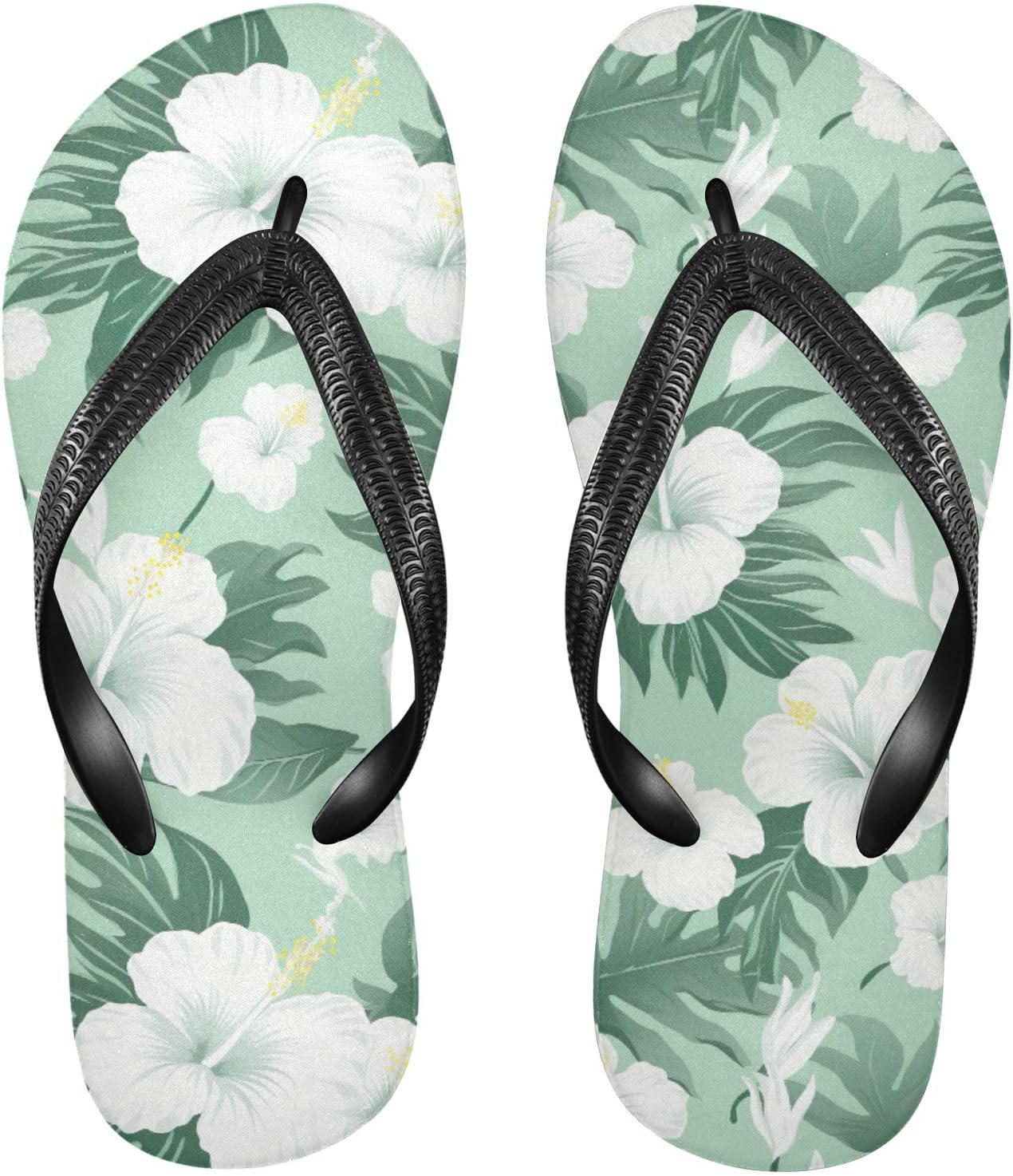 

Шлепанцы с тропическими листьями и цветами гибискуса, пляжные сандалии-вьетнамки, резинескользящие летние тапочки для женщин и мужчин Sinestour, Tropical Leaves Hibiscus Flowers