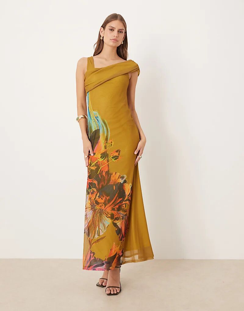 

Платье миди с открытыми плечами из сетчатого материала с принтом ASOS DESIGN зеленого цвета с цветочным принтом