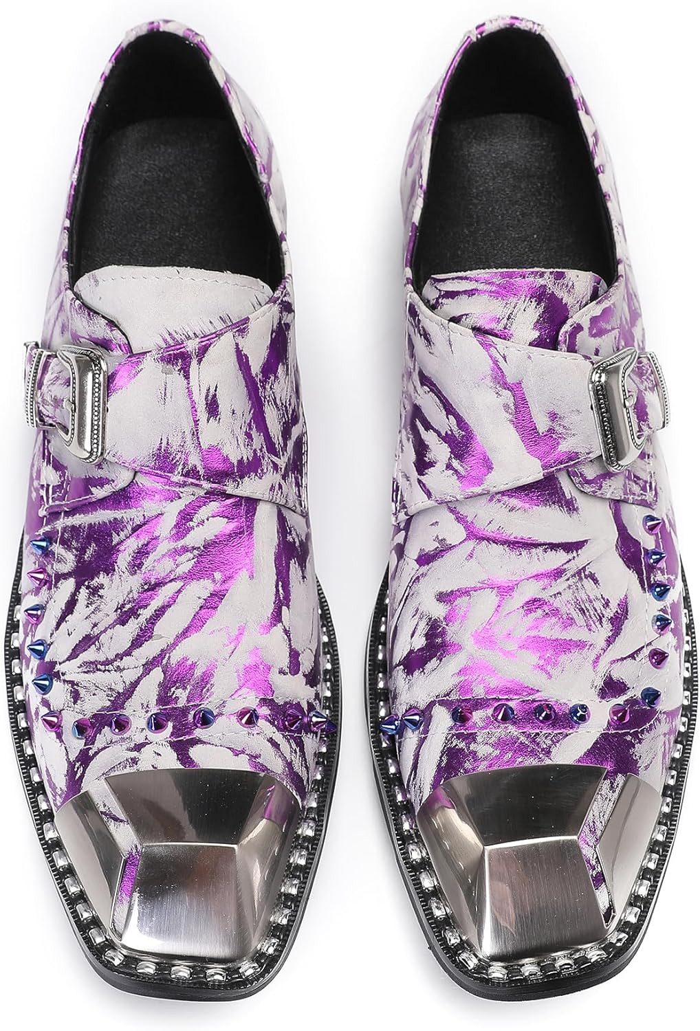 Мужские лоферы Santimon Mens Loafers для вечеринки, повседневные слипоны, кожаные лоферы с металлической квадратной пряжкой, обувь для свадьбы, вечеринки в западном стиле, модные туфли на выпускной с яркими бусинами для мужчин, фиолетовый — фото 4
