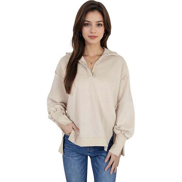 

Женский оверсайз пуловер с длинным рукавом, воротником на пуговицах и необработанным краем Anna-Kaci, Beige