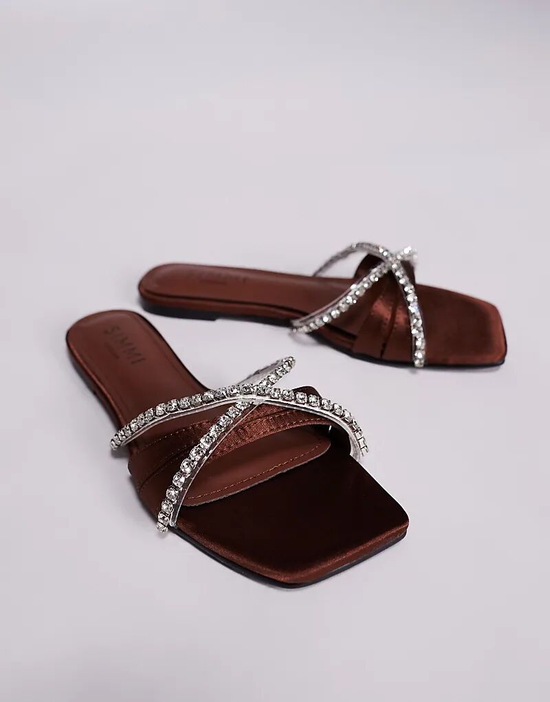 Сандалии на плоской подошве SIMMI Shoes Astana шоколадного цвета с атласными стразами — фото 2