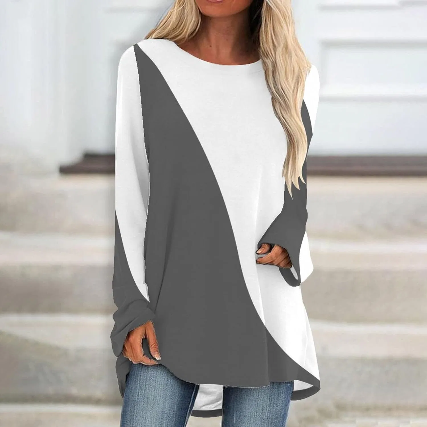 Блуза с цветовым блоком, длинный рукав Women Large Top Over Size, белый — фото 2