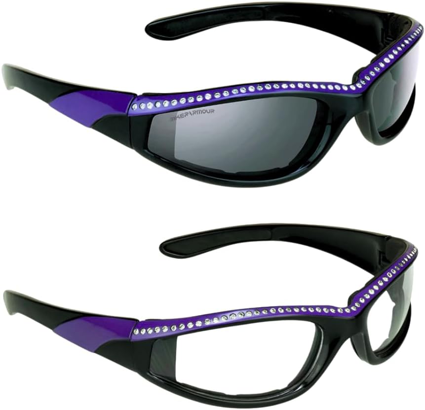 

Женские мотоочки Bikershades со стразами, цвет желтый, дымчато-прозрачные (Smoke Purple + Clear Purple). Защита от ветра и пыли, мягкая подкладка. Для дня, сумерек и ночи