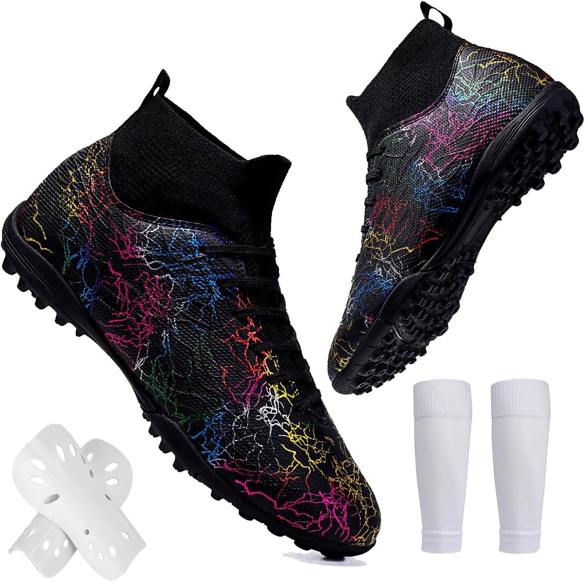 

Футбольные бутсы Spedify унисекс высокие для детей, подростков и взрослых, кроссовки с прочным кожаным верхом для искусственного газона, для тренировок, семейные футбольные бутсы с носками и щитками, черный