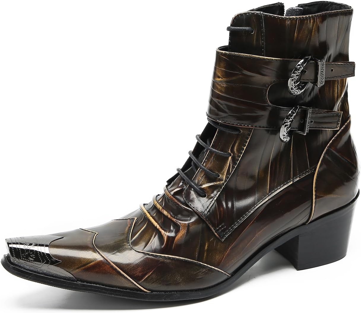 

Мужские сапоги Santimon Cowboy, повседневные, из натуральной кожи, с металлическим носком, мотоциклетные, модные, для вечеринок, диско, западного стиля, с пряжкой на поясе, молнией, высокие, коричневый