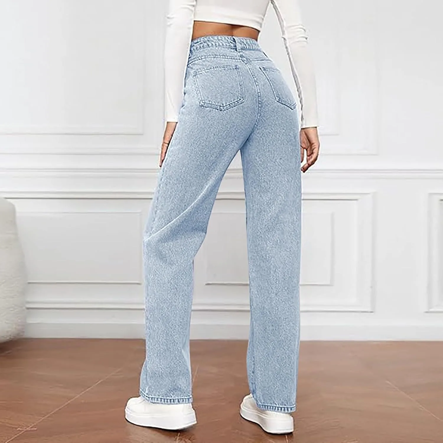 Женские джинсы Wide Leg с высокой эластичной талией, прямые и свободные — фото 3