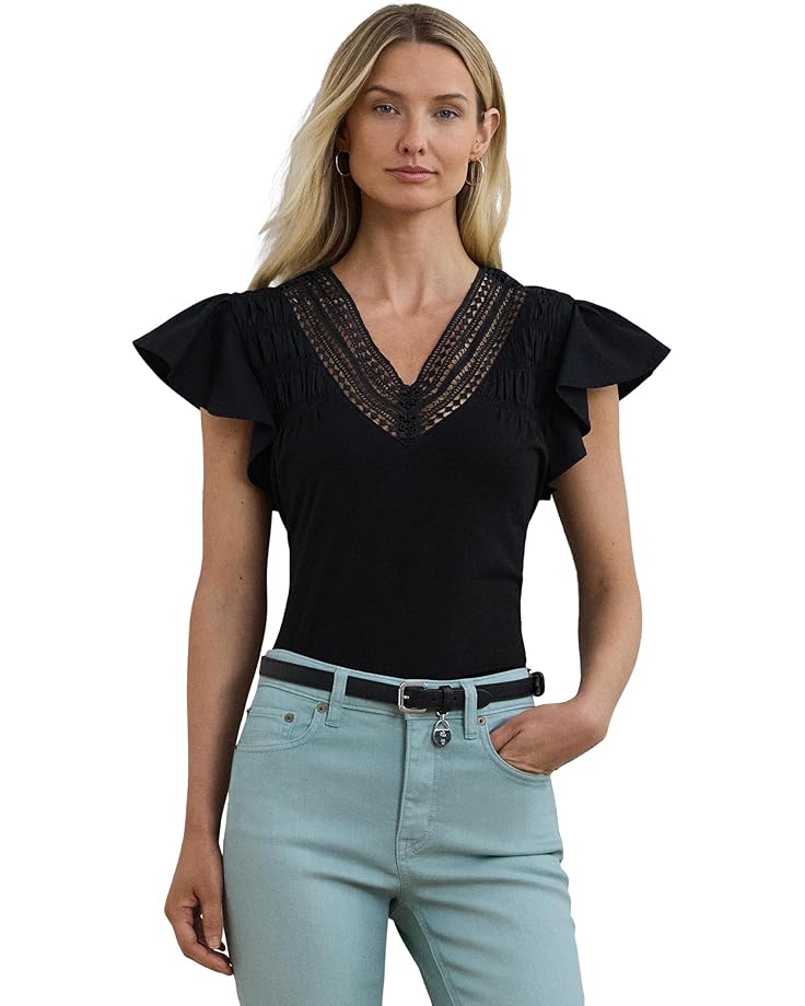 

Футболка Lauren Ralph Lauren Lace-trim Jersey Flutter-sleeve Tee, черный