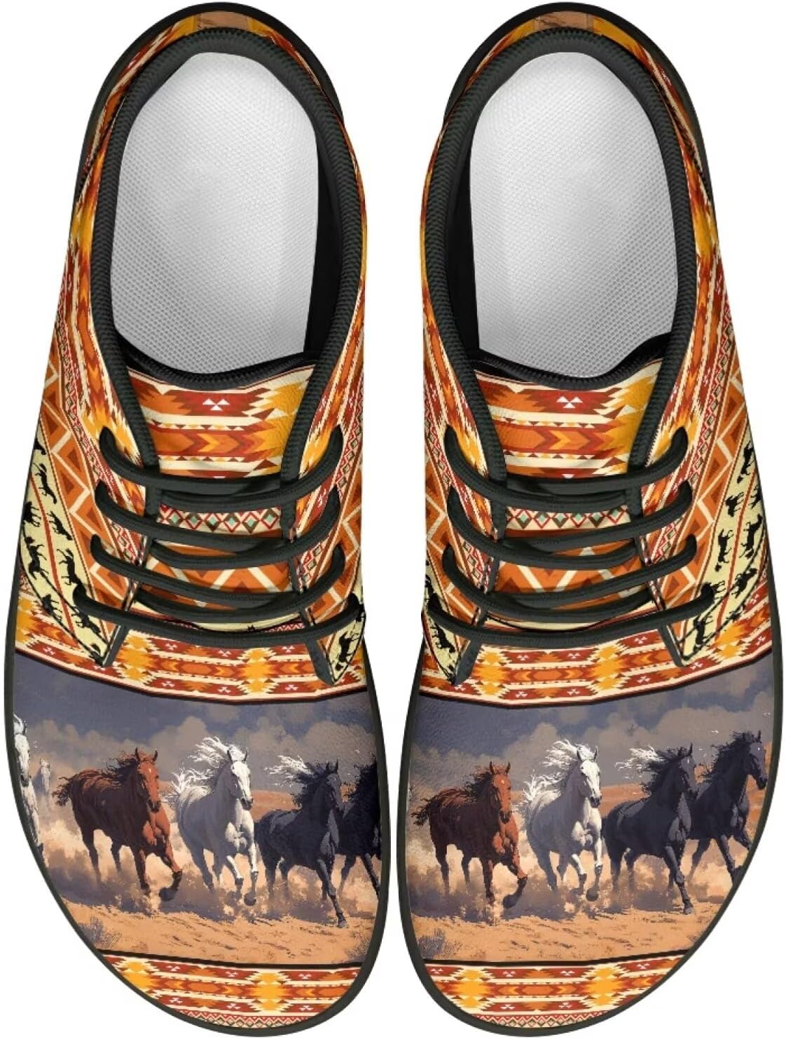 

Конные кроссовки для женщин и мужчин, слипоны, низкие, из ПУ-кожи, для ходьбы Ecaestolph, Brown Horses Tribe Geometric Stripes