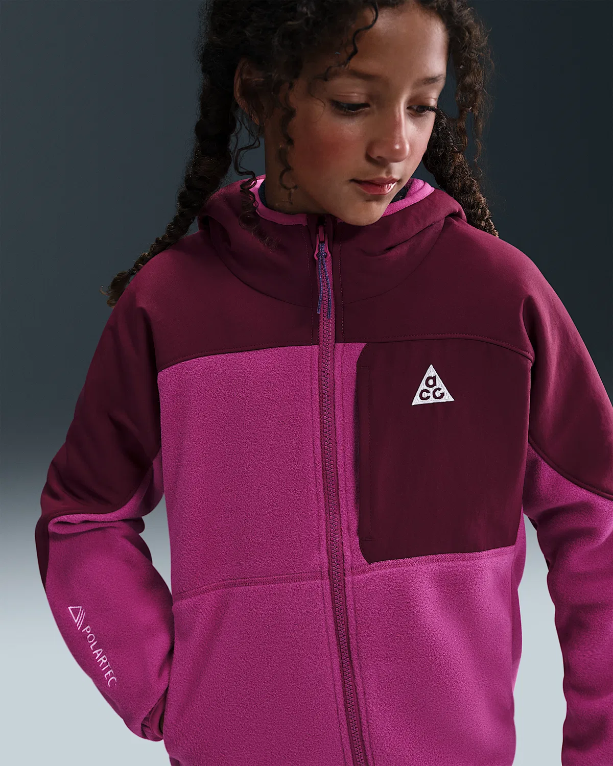 Детская флисовая кофта Polartec® на молнии Nike ACG "Wolf Tree", Cactus Flower/Bordeaux/Summit White — фото 2