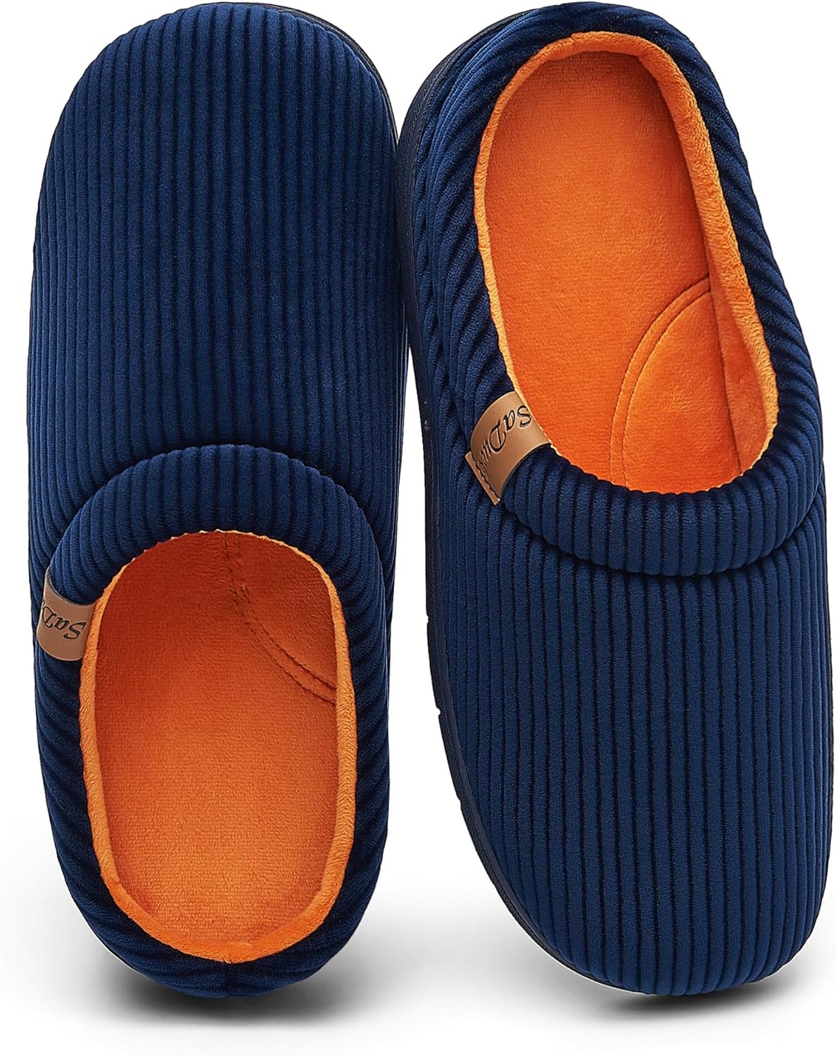 

Мужские двухцветные тапочки с поддержкой свода стопы, с удобной посадкой, теплые домашние тапочки с мемори-пеной, для дома и улицы, дышащие Saduck, синий/оранжевый/темно-синий