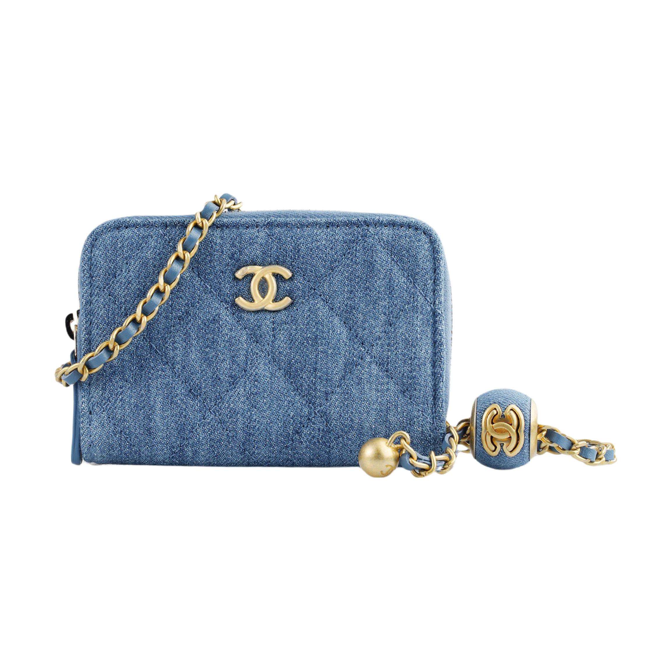 

CHANEL Сумка через плечо из денима, сумка через плечо, держатель для карт, мини-кошелек для монет, унисекс, синяя, 22 цента, ранняя весна