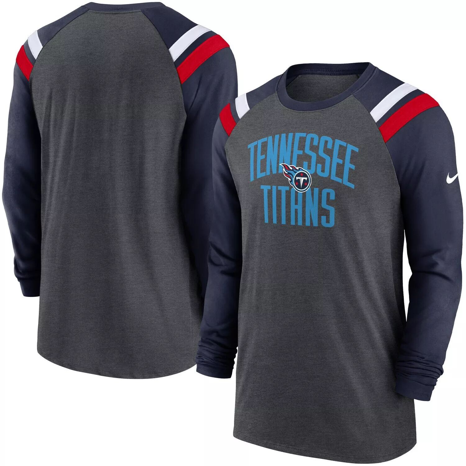 Мужская модная спортивная футболка с длинными рукавами Tennessee Titans Tri-Blend, угольно-темно-синяя спортивная футболка с длинными рукавами и регланом Nike — фото 4