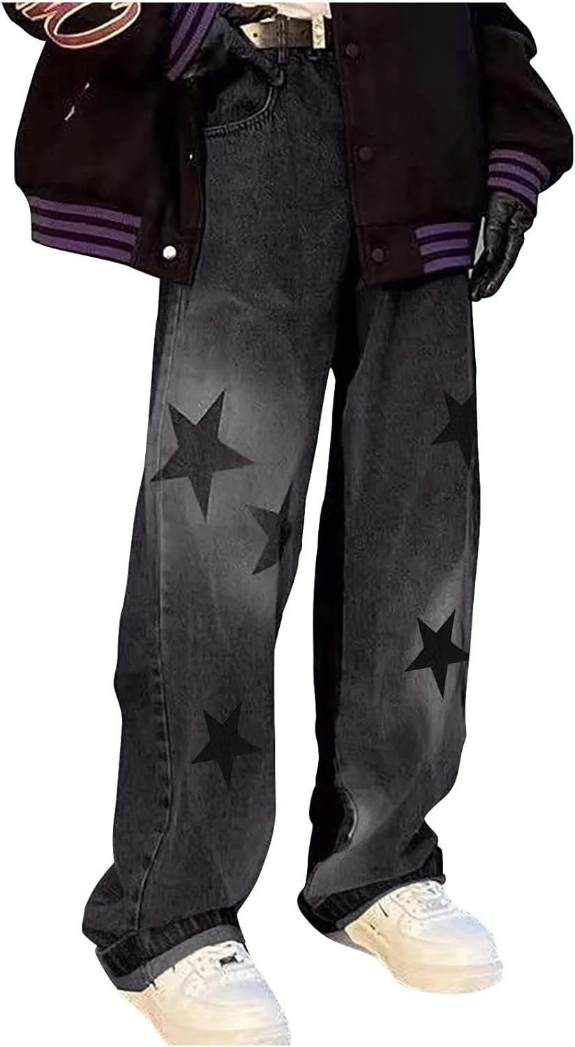 

Borniu женские джинсы boyfriend с высокой талией, мешковатые, прямые, широкие, с принтом звезд, Y2K