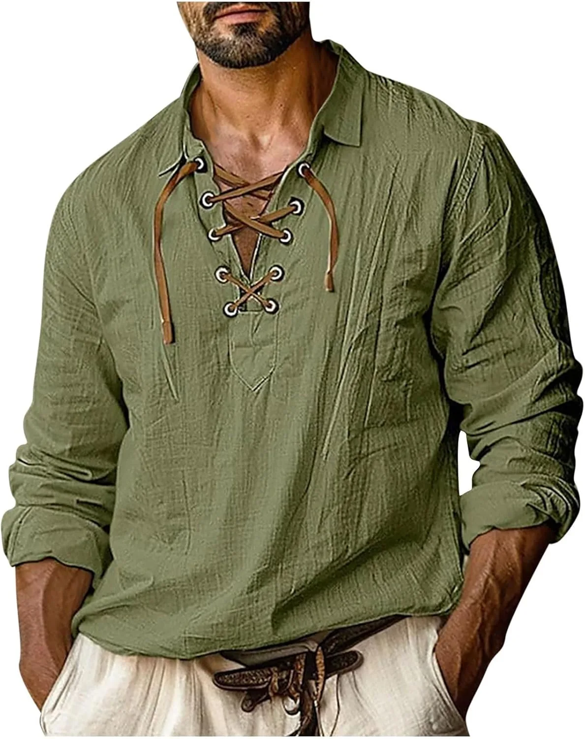 

Мужская льняная рубашка с длинными рукавами и шнуровкой на воротнике