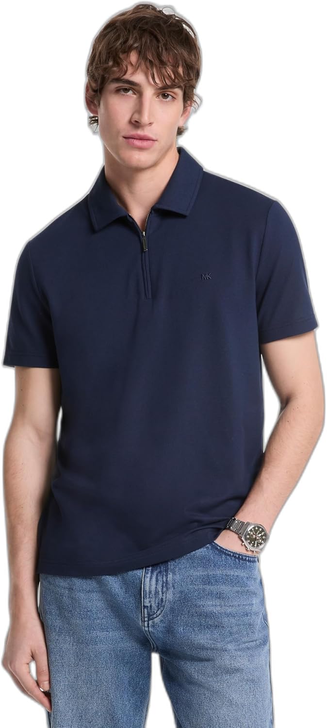 

Michael Kors Мужская облегающая пике короткий рукав молния поло, Midnight, Синий, Michael Kors Мужская облегающая пике короткий рукав молния поло, Midnight