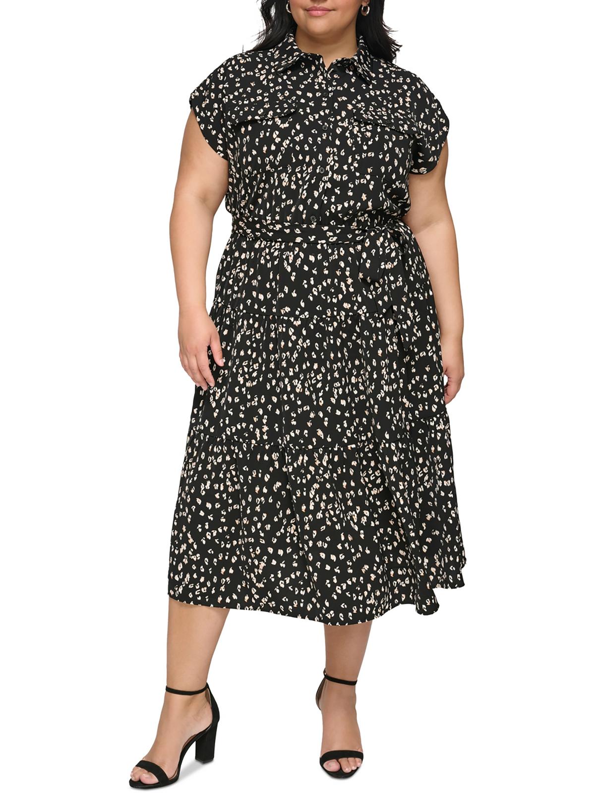 

Плюс Женское Платье-рубашка из полиэстера с принтом DKNY, цвет black/tan multi