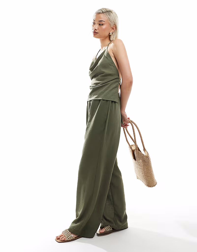 

Брюки из льняного материала с высокой талией и широкими штанинами в травянисто-зеленом цвете Vero Moda