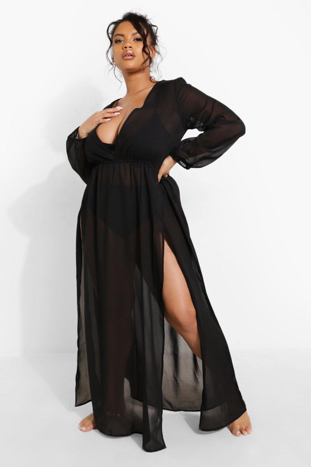 

Плюс шифоновый пляжный кафтан с разрезом boohoo, черный