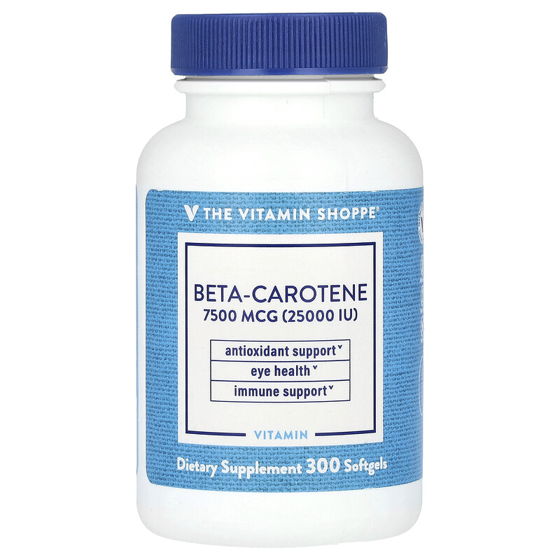 

The Vitamin Shoppe, бета-каротин, 7500 мкг (25 000 МЕ), 300 мягких таблеток