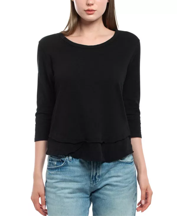 

Футболка с рукавами 3/4, укороченная, с круглым вырезом, имитация многослойной одежды. Wilt Clothing, черный