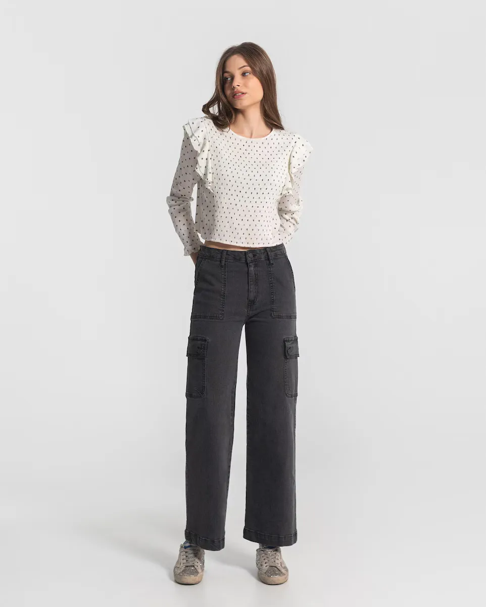 

Женские прямые джинсы с завышенной талией, боковыми карманами и застежкой-молнией на пуговицы Noon, серый