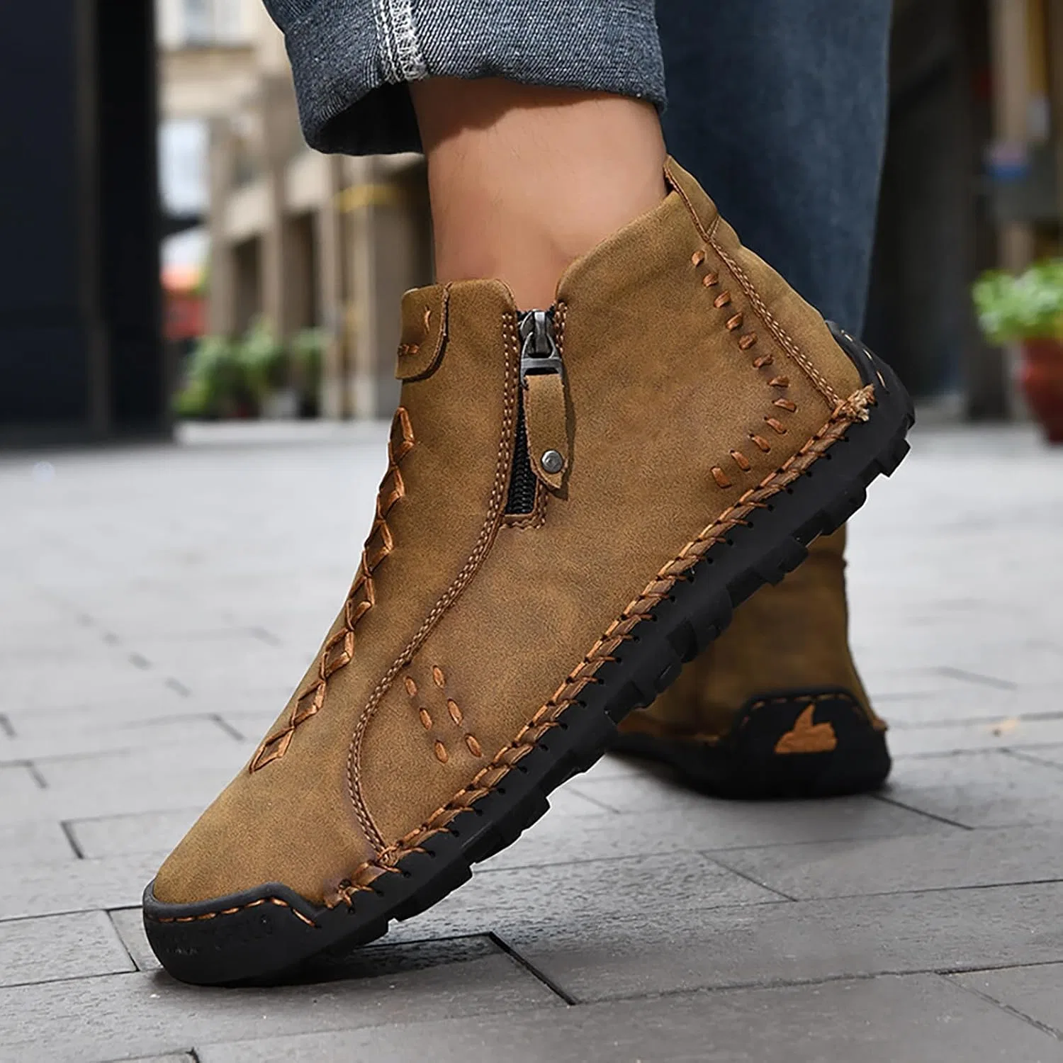 Herren Leder Freizeitschuhe, Лоферы Оксфордские слипоны Schuhe Stiefeletten Handnähte Seitlicher Reißverschluss, Прогулочные кроссовки Wanderschuhe Renaissance Mokassins Mittelalterliche Stiefel Generic, Braun — фото 2