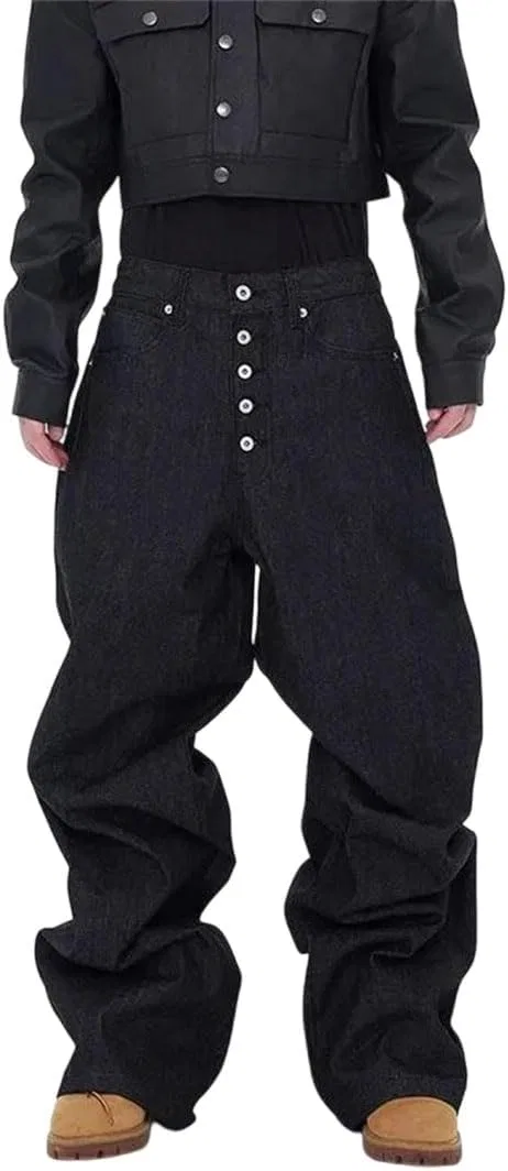 Джинсы прямые свободные, черные, Men's Summer Buckle Loose Straight Leg Solid Black Denim Jeans