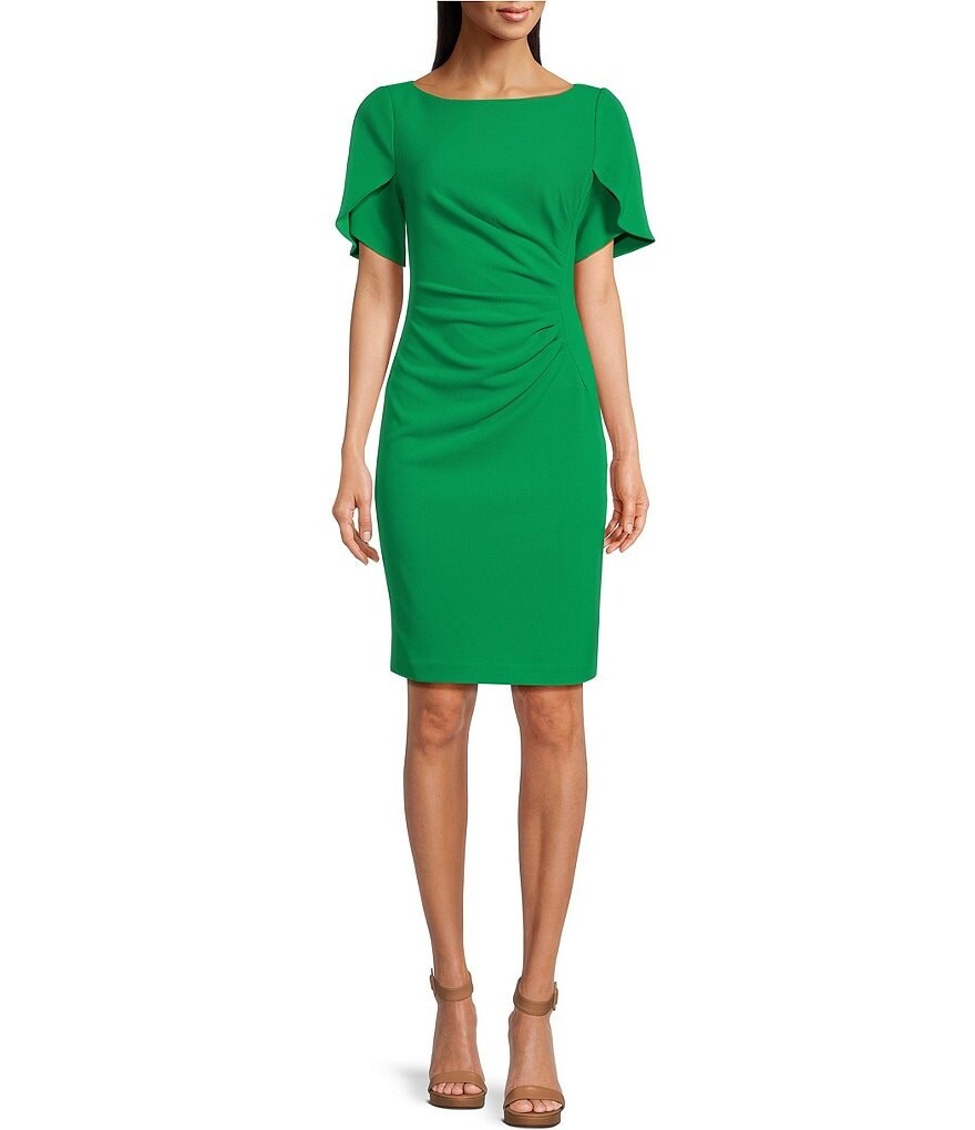 

DKNY Эластичное платье-футляр с короткими рукавами-тюльпанами и лифом-лодочкой со сборками и лифом, зеленый
