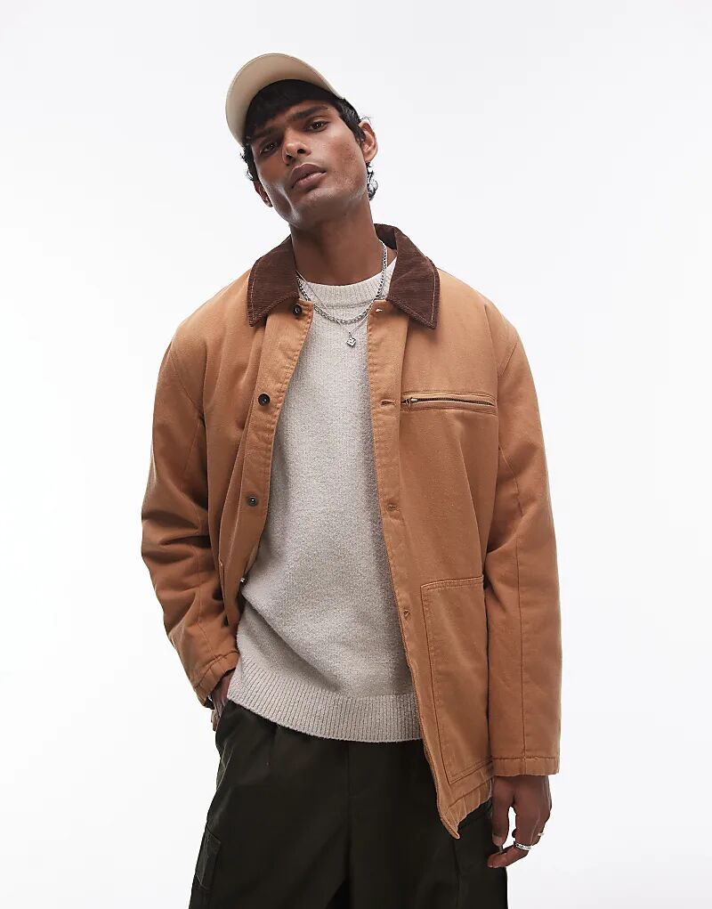 

Стеганая рабочая куртка бежевого цвета с контрастным воротником Topman